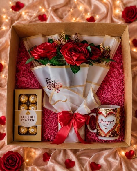 Caja romántica con rosas y chocolates