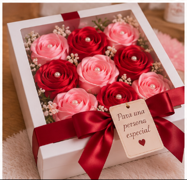 Caja de rosas rojas y rosadas