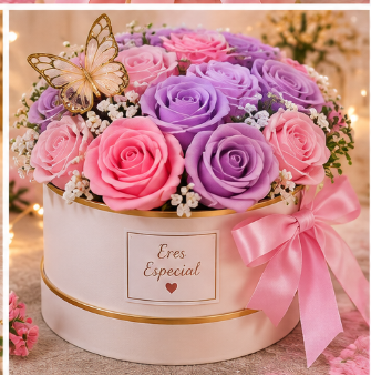 Caja de rosas rosadas y moradas