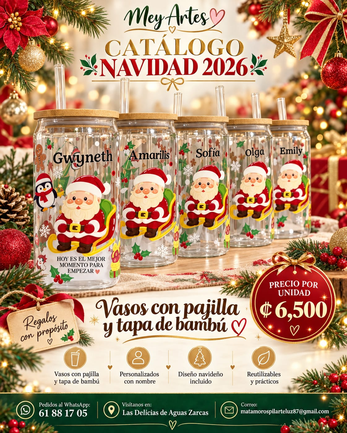 Vaso navideño con pajilla y tapa de bambú